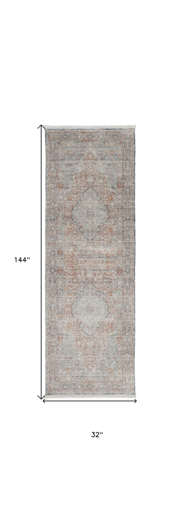 HomeRoots 4' Transform Your Space with a Charming Worn-Faded Gray-Blue and Red Oriental Area Rug with Fringe 12' Runner 567477