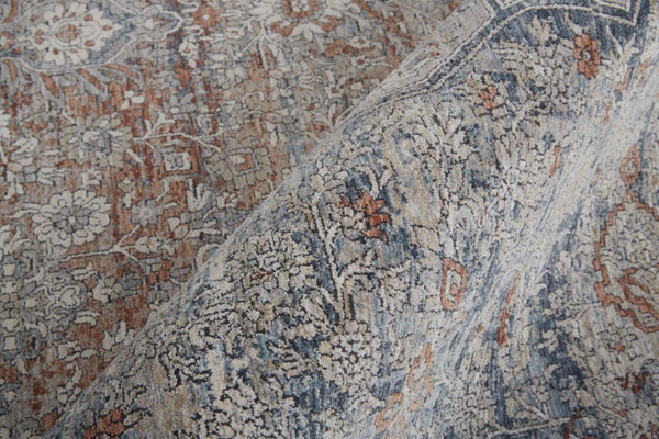 HomeRoots 4' Transform Your Space with a Charming Worn-Faded Gray-Blue and Red Oriental Area Rug with Fringe 12' X 15' 567478