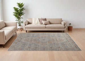 HomeRoots 4' Transform Your Space with a Charming Worn-Faded Gray-Blue and Red Oriental Area Rug with Fringe 12' X 15' 567478