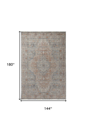 HomeRoots 4' Transform Your Space with a Charming Worn-Faded Gray-Blue and Red Oriental Area Rug with Fringe 12' X 15' 567478