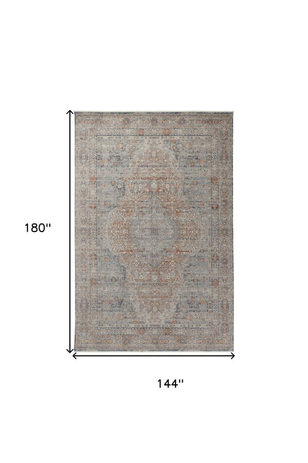 HomeRoots 4' Transform Your Space with a Charming Worn-Faded Gray-Blue and Red Oriental Area Rug with Fringe 12' X 15' 567478