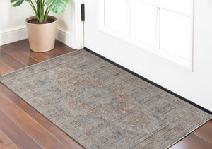 HomeRoots 4' Transform Your Space with a Charming Worn-Faded Gray-Blue and Red Oriental Area Rug with Fringe 2' X 3' 567479