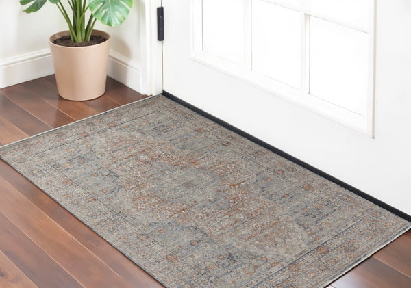 HomeRoots 4' Transform Your Space with a Charming Worn-Faded Gray-Blue and Red Oriental Area Rug with Fringe 2' X 3' 567479