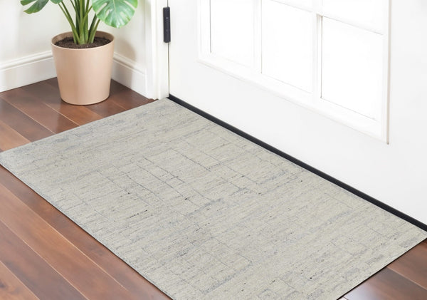 HomeRoots 4' Gray and Ivory Abstract Hand-Woven Area Rug - Soft Wool Blend for Modern, Scandinavian Style 2' X 3' 567493