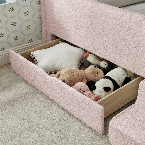 English Elm Twin Boucle Upholstered Kids Bed with Guardrails Built in Storage and Cushioned Step Stool Pink W1413P433365