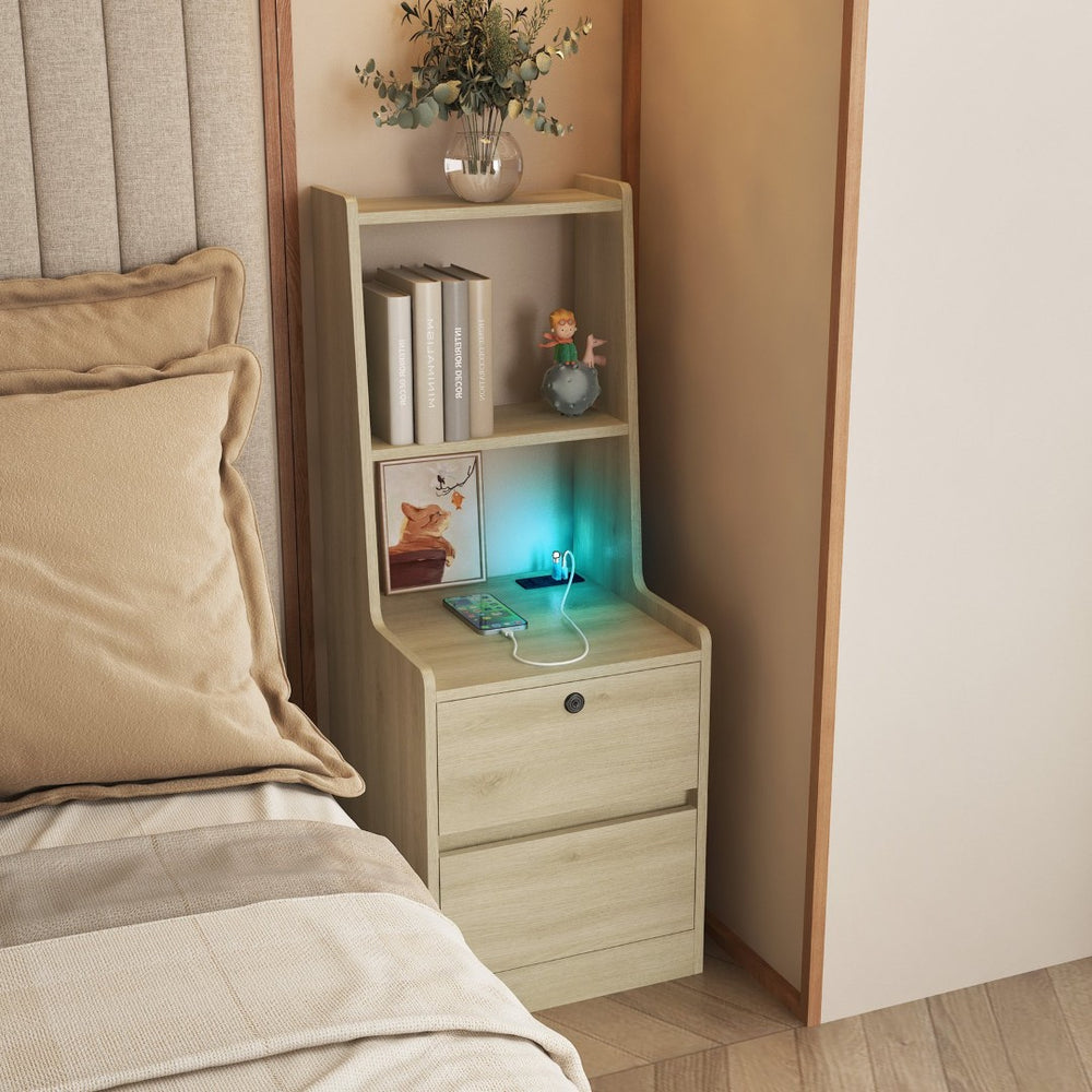 English Elm Nightstand Wood Bedside Tower with Built-in Charging Usb Ports and Voice Light W1321P352105