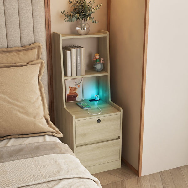 English Elm Nightstand Wood Bedside Tower with Built-in Charging Usb Ports and Voice Light W1321P352105