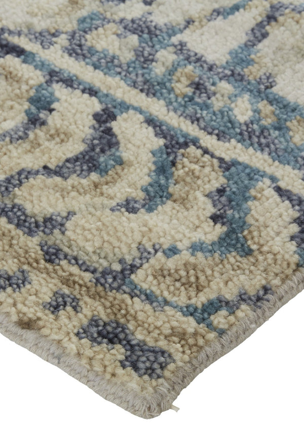 HomeRoots 4' Hand-Knotted Wool Area Rug in Tan, Ivory & Blue - Durable Geometric Design for Timeless Style 4' X 6' 567522