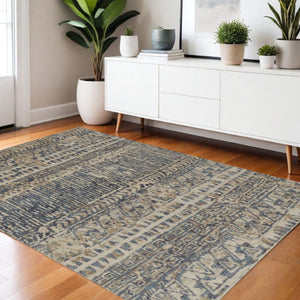 HomeRoots 4' Hand-Knotted Wool Area Rug in Tan, Ivory & Blue - Durable Geometric Design for Timeless Style 4' X 6' 567522
