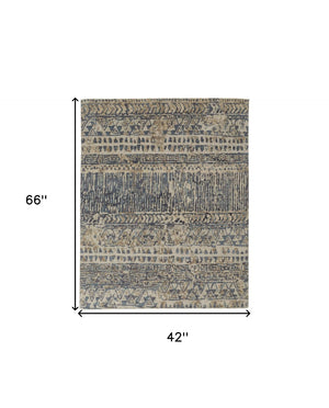 HomeRoots 4' Hand-Knotted Wool Area Rug in Tan, Ivory & Blue - Durable Geometric Design for Timeless Style 4' X 6' 567522