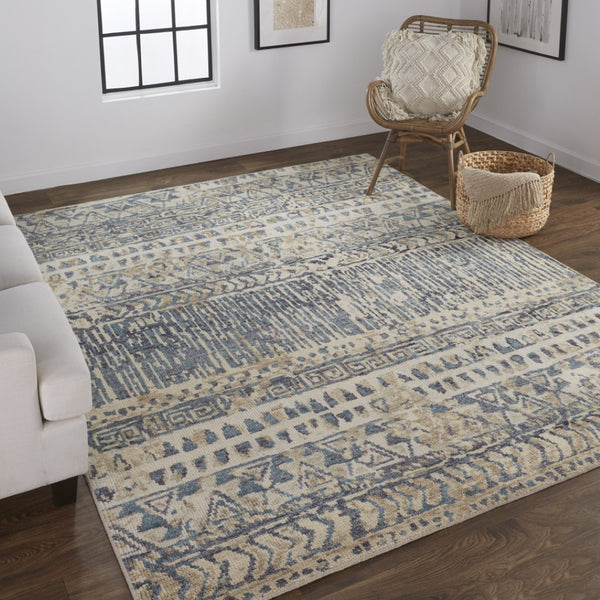HomeRoots 4' Hand-Knotted Wool Area Rug in Tan, Ivory & Blue - Durable Geometric Design for Timeless Style 4' X 6' 567522