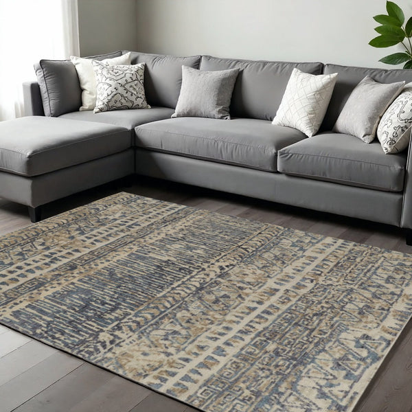 HomeRoots 4' Hand-Knotted Wool Area Rug in Tan, Ivory & Blue - Durable Geometric Design for Timeless Style 6' X 9' 567523