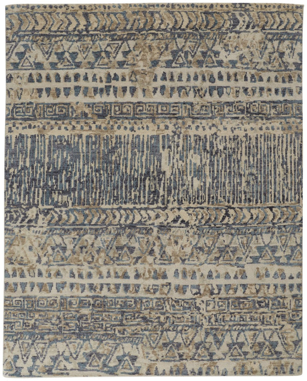 HomeRoots 4' Hand-Knotted Wool Area Rug in Tan, Ivory & Blue - Durable Geometric Design for Timeless Style 6' X 9' 567523