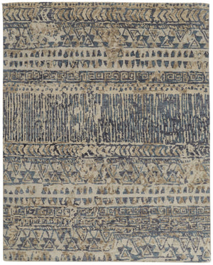 HomeRoots 4' Hand-Knotted Wool Area Rug in Tan, Ivory & Blue - Durable Geometric Design for Timeless Style 8' X 10' 567524