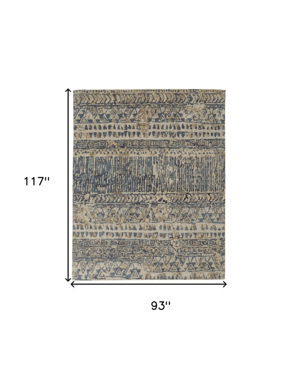 HomeRoots 4' Hand-Knotted Wool Area Rug in Tan, Ivory & Blue - Durable Geometric Design for Timeless Style 8' X 10' 567524