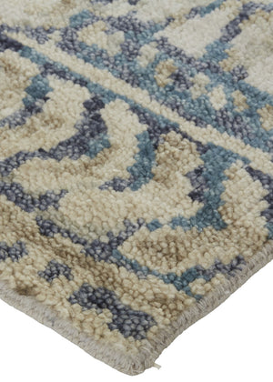 HomeRoots 4' Hand-Knotted Wool Area Rug in Tan, Ivory & Blue - Durable Geometric Design for Timeless Style 2' X 3' 567528
