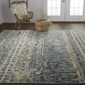 HomeRoots 4' Hand-Knotted Wool Area Rug in Tan, Ivory & Blue - Durable Geometric Design for Timeless Style 2' X 3' 567528