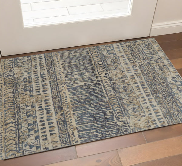 HomeRoots 4' Hand-Knotted Wool Area Rug in Tan, Ivory & Blue - Durable Geometric Design for Timeless Style 2' X 3' 567528