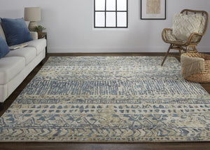 HomeRoots 4' Hand-Knotted Wool Area Rug in Tan, Ivory & Blue - Durable Geometric Design for Timeless Style 2' X 3' 567528