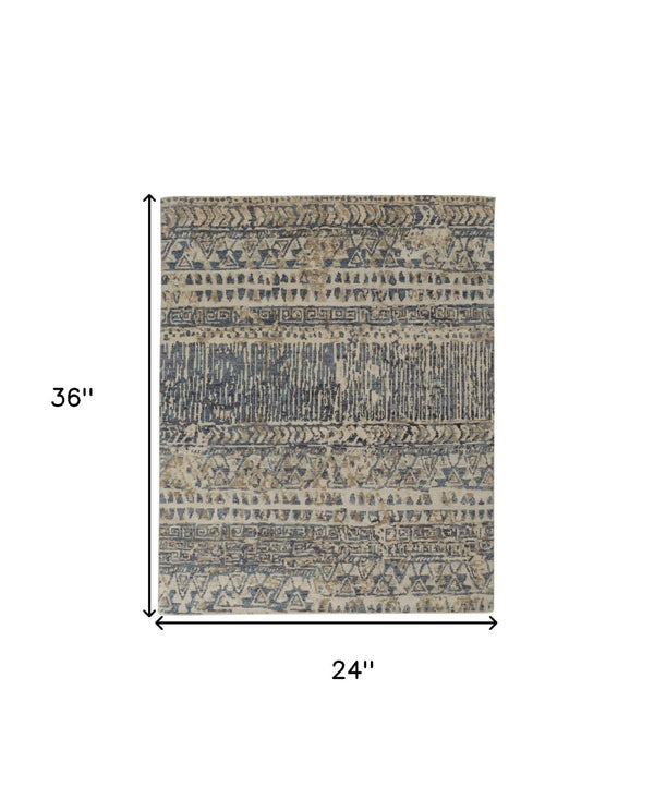 HomeRoots 4' Hand-Knotted Wool Area Rug in Tan, Ivory & Blue - Durable Geometric Design for Timeless Style 2' X 3' 567528