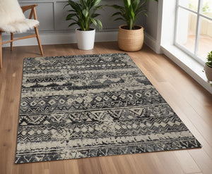 Homeroots 4' X 6' Ivory Gray And Black Wool Geometric Hand Knotted Area Rug Ivory Wool 567529