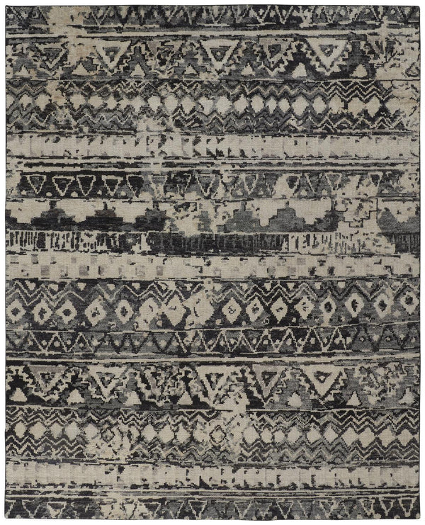 Homeroots 4' X 6' Ivory Gray And Black Wool Geometric Hand Knotted Area Rug Ivory Wool 567529