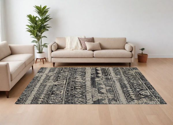 Homeroots 8' X 10' Ivory Gray And Black Wool Geometric Hand Knotted Area Rug Ivory Wool 567530