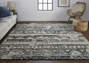 Homeroots 8' Ivory Gray And Black Wool Geometric Hand Knotted Runner Rug Ivory Wool 567531