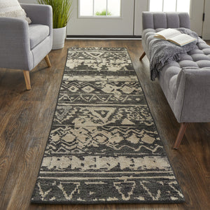 Homeroots 8' Ivory Gray And Black Wool Geometric Hand Knotted Runner Rug Ivory Wool 567531