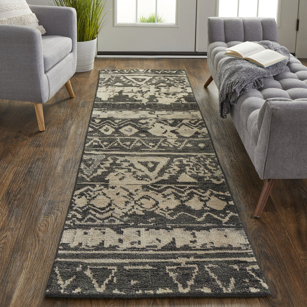 Homeroots 8' Ivory Gray And Black Wool Geometric Hand Knotted Runner Rug Ivory Wool 567531