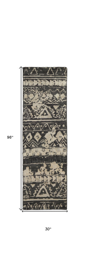 Homeroots 8' Ivory Gray And Black Wool Geometric Hand Knotted Runner Rug Ivory Wool 567531