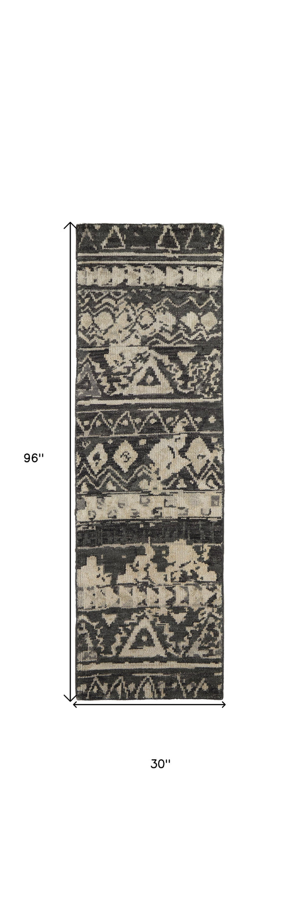 Homeroots 8' Ivory Gray And Black Wool Geometric Hand Knotted Runner Rug Ivory Wool 567531