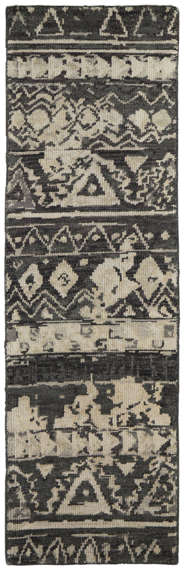 Homeroots 8' Ivory Gray And Black Wool Geometric Hand Knotted Runner Rug Ivory Wool 567531