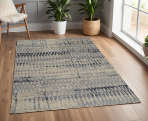 HomeRoots 4' Hand-Knotted Gray Blue and Ivory Wool Abstract Area Rug – Durable, Stylish, Stain-Resistant Comfort 4' X 6' 567536