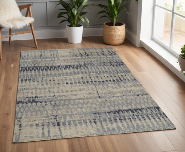 HomeRoots 4' Hand-Knotted Gray Blue and Ivory Wool Abstract Area Rug – Durable, Stylish, Stain-Resistant Comfort 4' X 6' 567536
