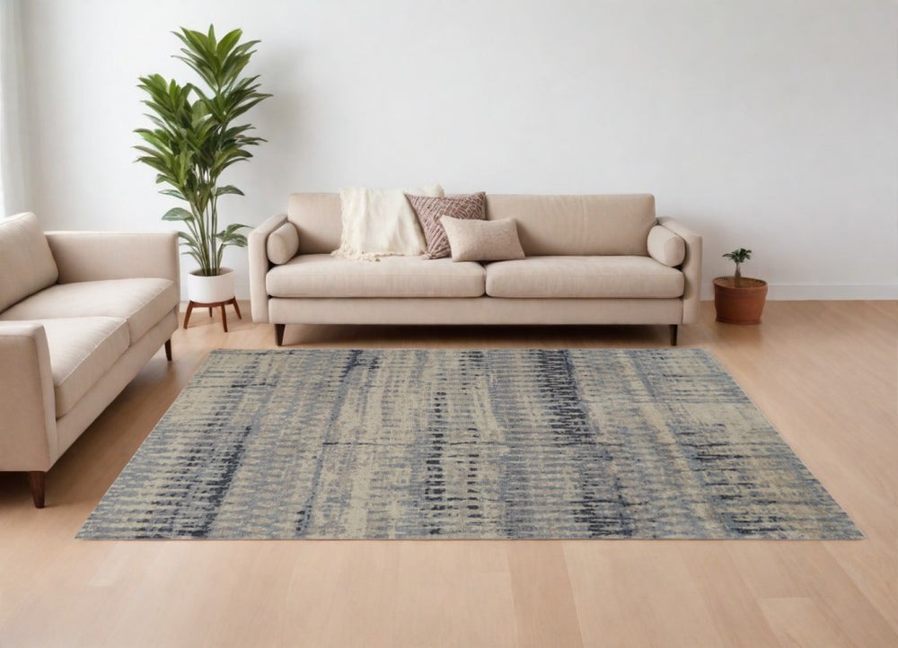 HomeRoots 4' Hand-Knotted Gray Blue and Ivory Wool Abstract Area Rug – Durable, Stylish, Stain-Resistant Comfort 9' X 13' 567539