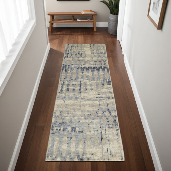 HomeRoots 4' Hand-Knotted Gray Blue and Ivory Wool Abstract Area Rug – Durable, Stylish, Stain-Resistant Comfort 8' Runner 567540