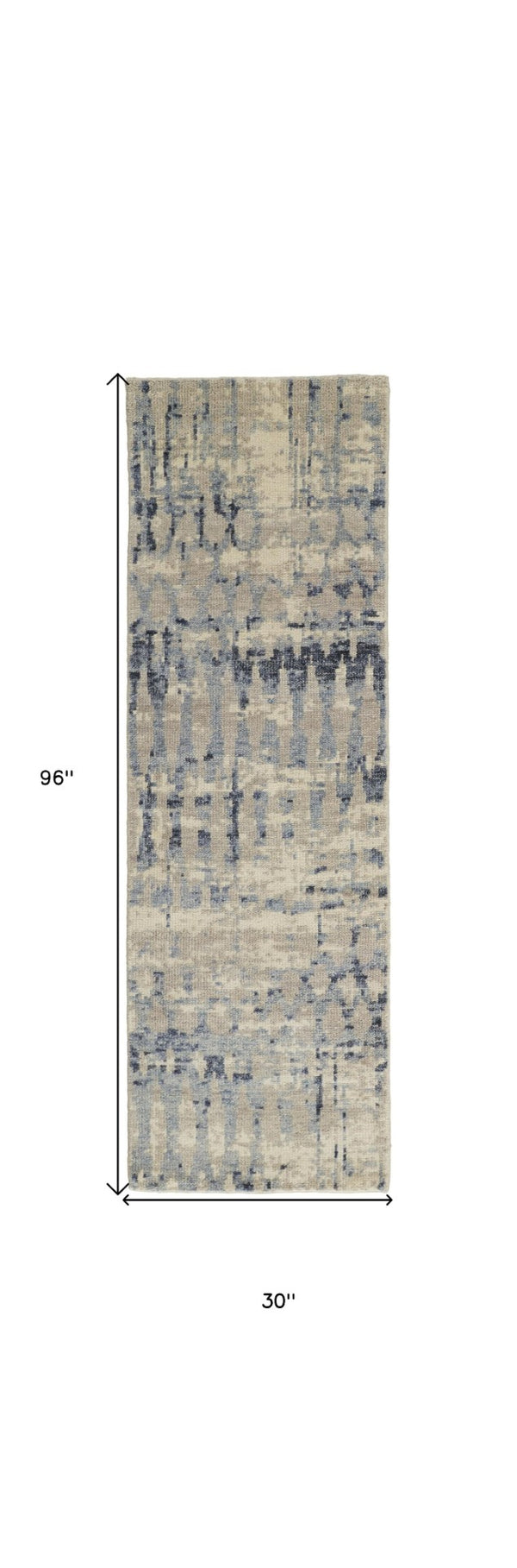 HomeRoots 4' Hand-Knotted Gray Blue and Ivory Wool Abstract Area Rug – Durable, Stylish, Stain-Resistant Comfort 8' Runner 567540
