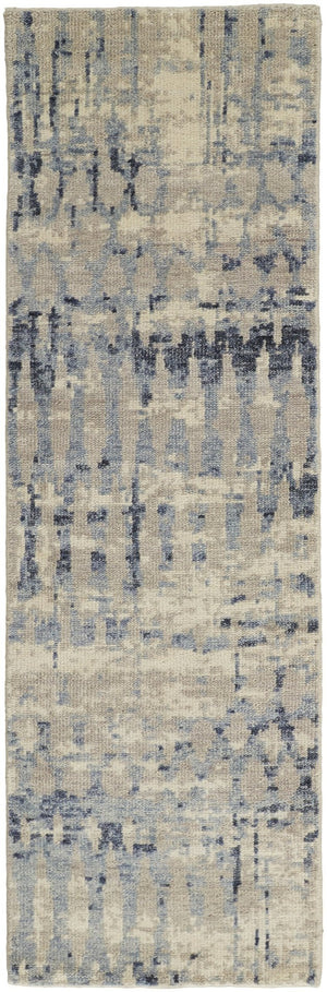 HomeRoots 4' Hand-Knotted Gray Blue and Ivory Wool Abstract Area Rug – Durable, Stylish, Stain-Resistant Comfort 8' Runner 567540