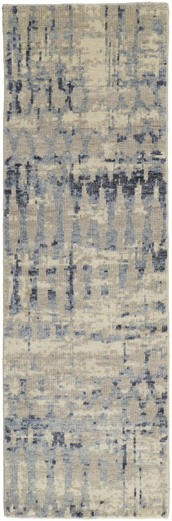 HomeRoots 4' Hand-Knotted Gray Blue and Ivory Wool Abstract Area Rug – Durable, Stylish, Stain-Resistant Comfort 8' Runner 567540