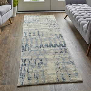 HomeRoots 4' Hand-Knotted Gray Blue and Ivory Wool Abstract Area Rug – Durable, Stylish, Stain-Resistant Comfort 8' Runner 567540