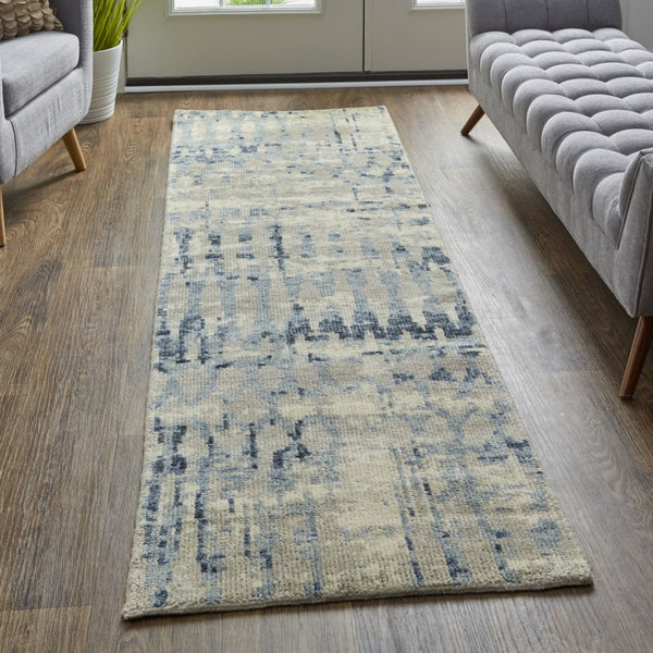 HomeRoots 4' Hand-Knotted Gray Blue and Ivory Wool Abstract Area Rug – Durable, Stylish, Stain-Resistant Comfort 8' Runner 567540