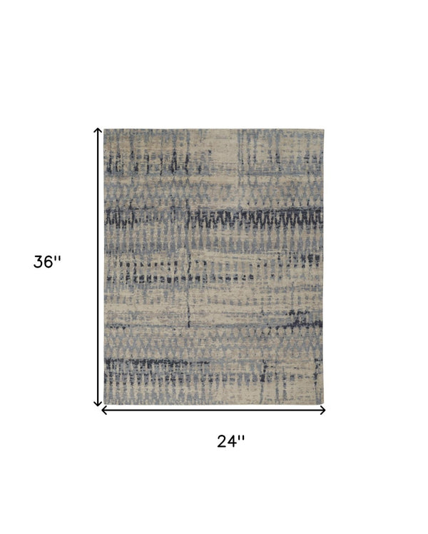 HomeRoots 4' Hand-Knotted Gray Blue and Ivory Wool Abstract Area Rug – Durable, Stylish, Stain-Resistant Comfort 2' X 3' 567542
