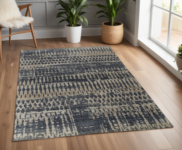 Homeroots 4' X 6' Blue Gray And Tan Wool Abstract Hand Knotted Area Rug Blue Wool 567543