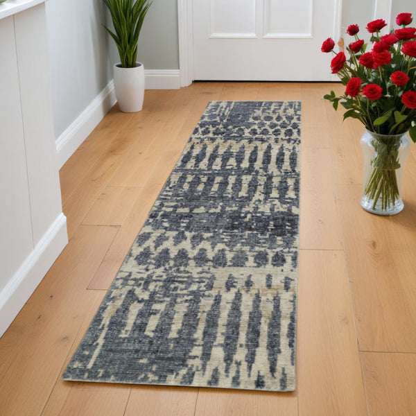 Homeroots 8' Blue Gray And Tan Wool Abstract Hand Knotted Runner Rug Blue Wool 567547