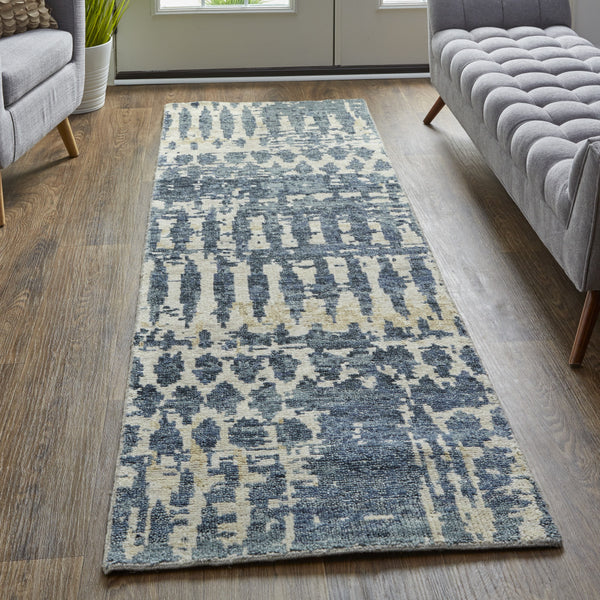 Homeroots 8' Blue Gray And Tan Wool Abstract Hand Knotted Runner Rug Blue Wool 567547