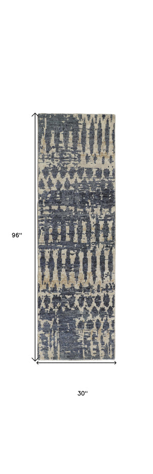 Homeroots 8' Blue Gray And Tan Wool Abstract Hand Knotted Runner Rug Blue Wool 567547