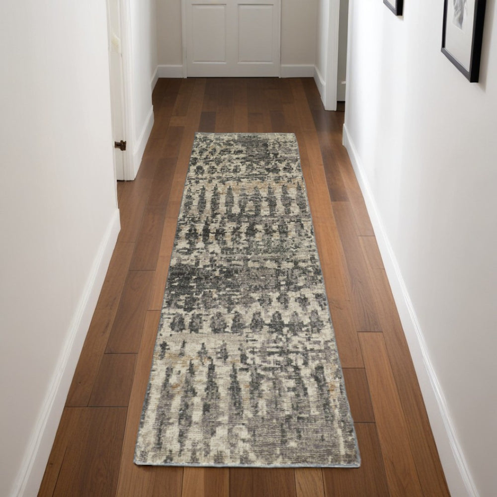 HomeRoots 4' Hand-Knotted Wool Area Rug in Blue Gray & Tan – Stylish Abstract Design for Any Room Decor 8' Runner 567554