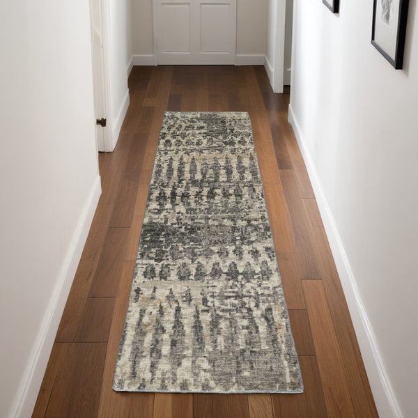 Homeroots 8' Gray Taupe And Ivory Wool Abstract Hand Knotted Runner Rug Gray Wool 567554