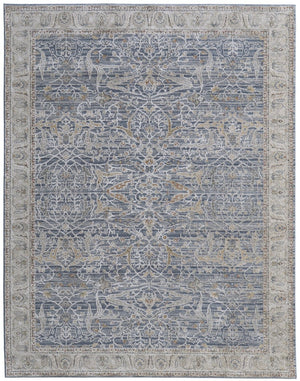 HomeRoots 5' Blue Taupe and Ivory Ikat Distressed Area Rug with Fringed Tassels for Chic Home Decor Style 5' X 8' 567556